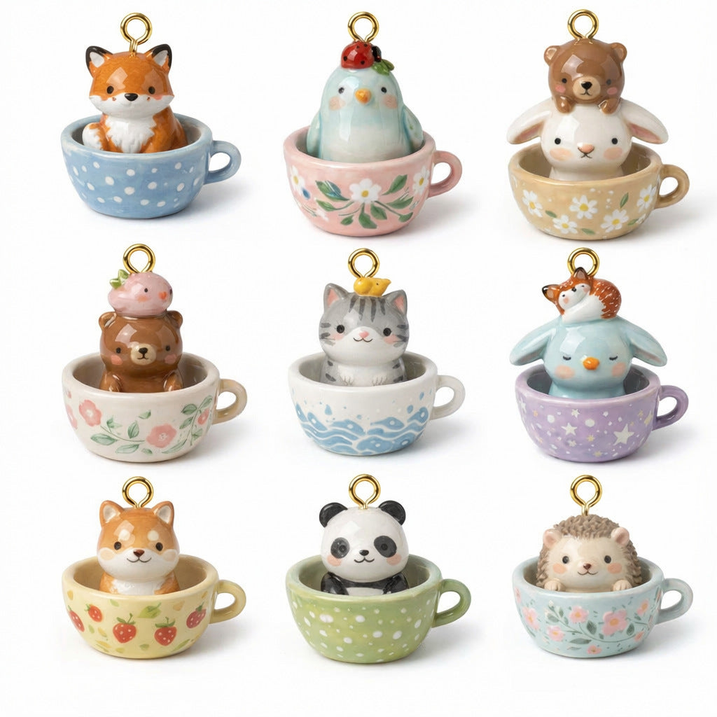 Necklace/Bracelet Pendant <Cute Animals in Cups>