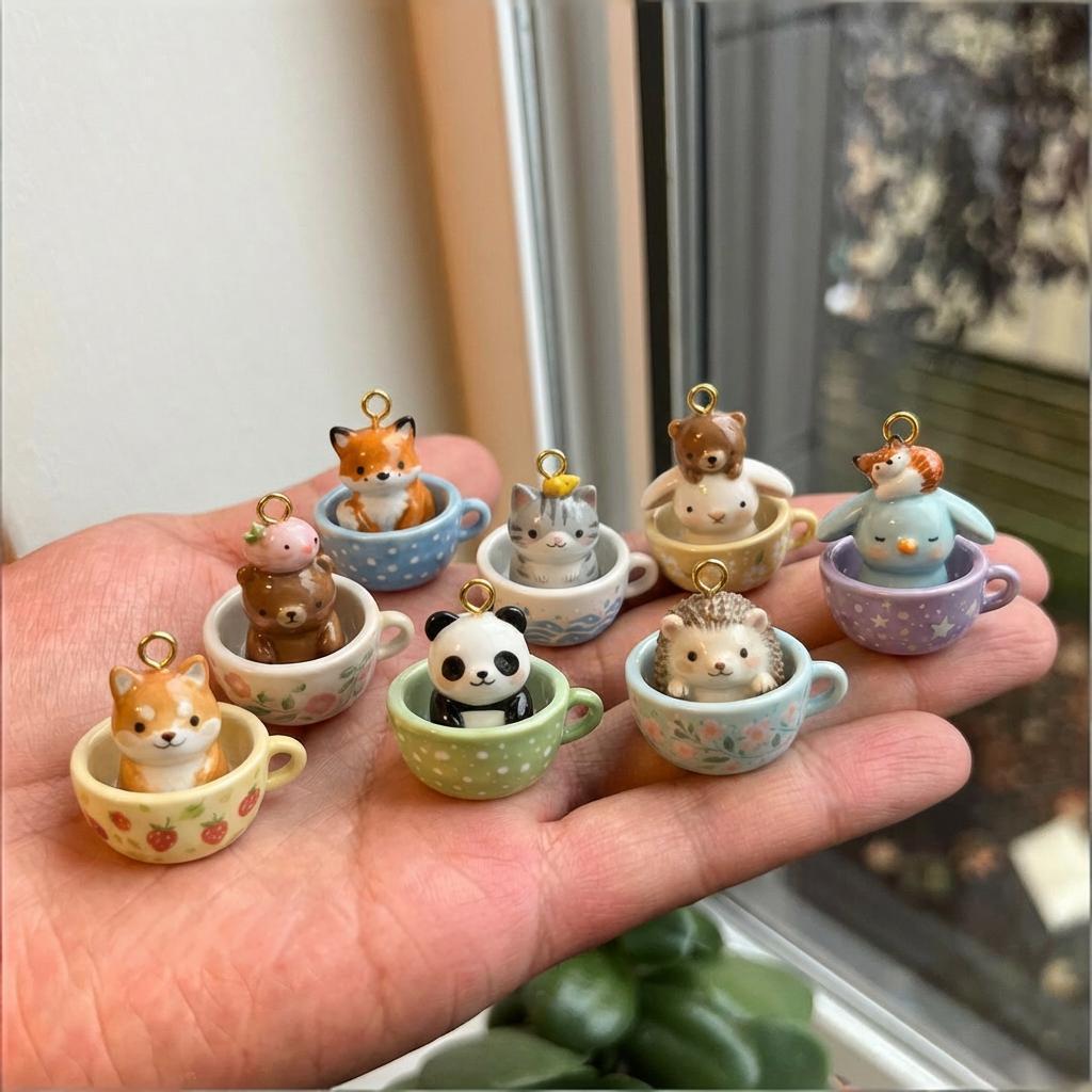 Necklace/Bracelet Pendant <Cute Animals in Cups>