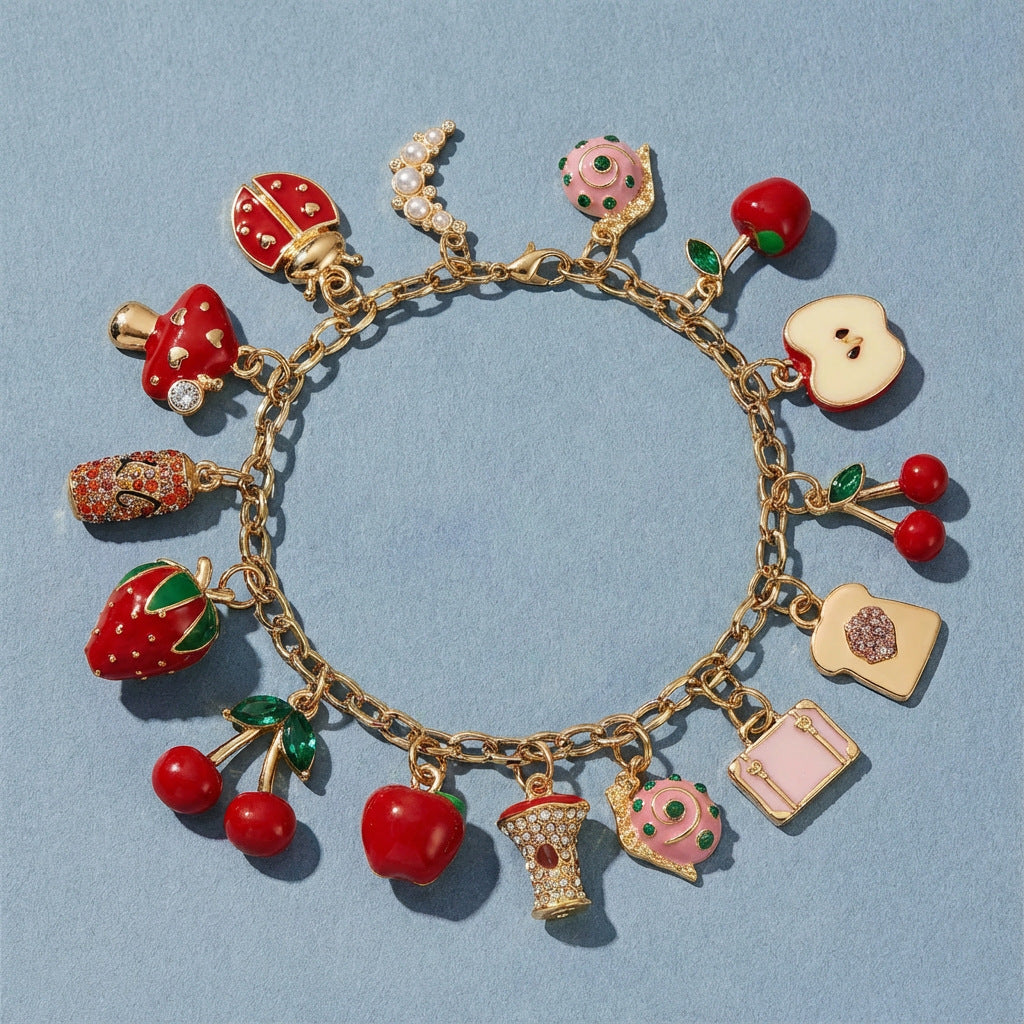 Vintage Fruit & Fantasy Charm Bracelet – Gold Tone Statement Jewelry