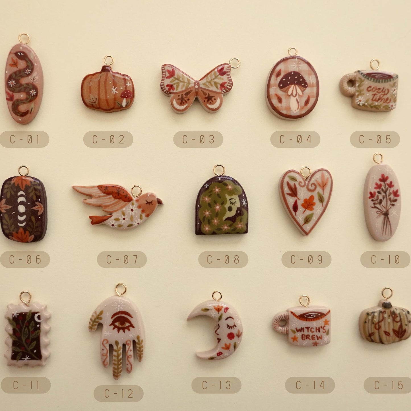Witchy Autumn Charm Collection – Pumpkin, Moon, Mushroom & Spell DIY Pendants