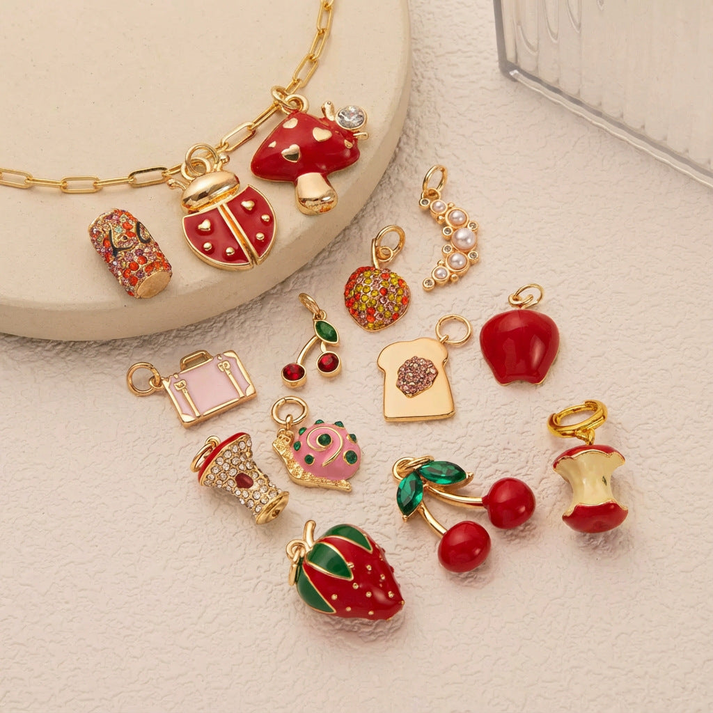 Vintage Fruit & Fantasy Charm Bracelet – Gold Tone Statement Jewelry