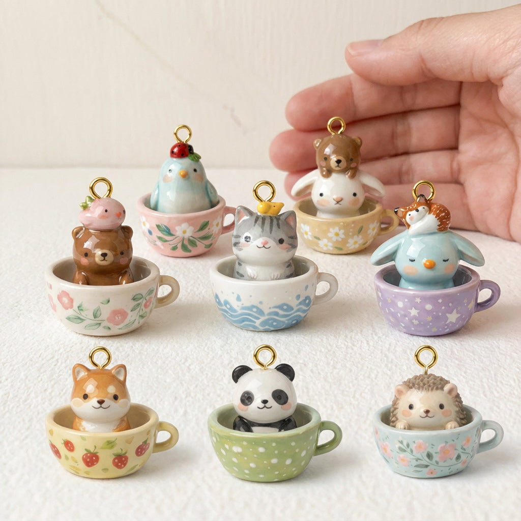 Necklace/Bracelet Pendant <Cute Animals in Cups>