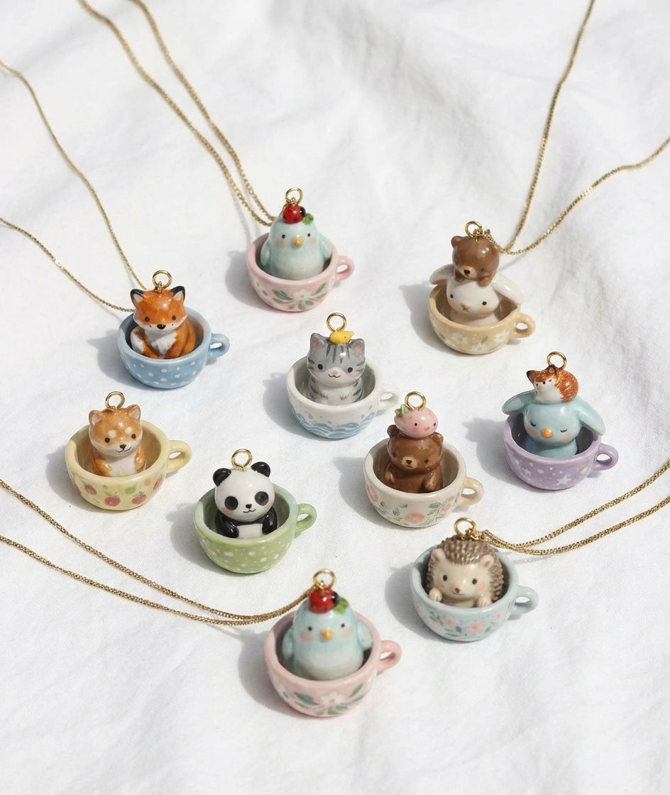 Necklace/Bracelet Pendant <Cute Animals in Cups>